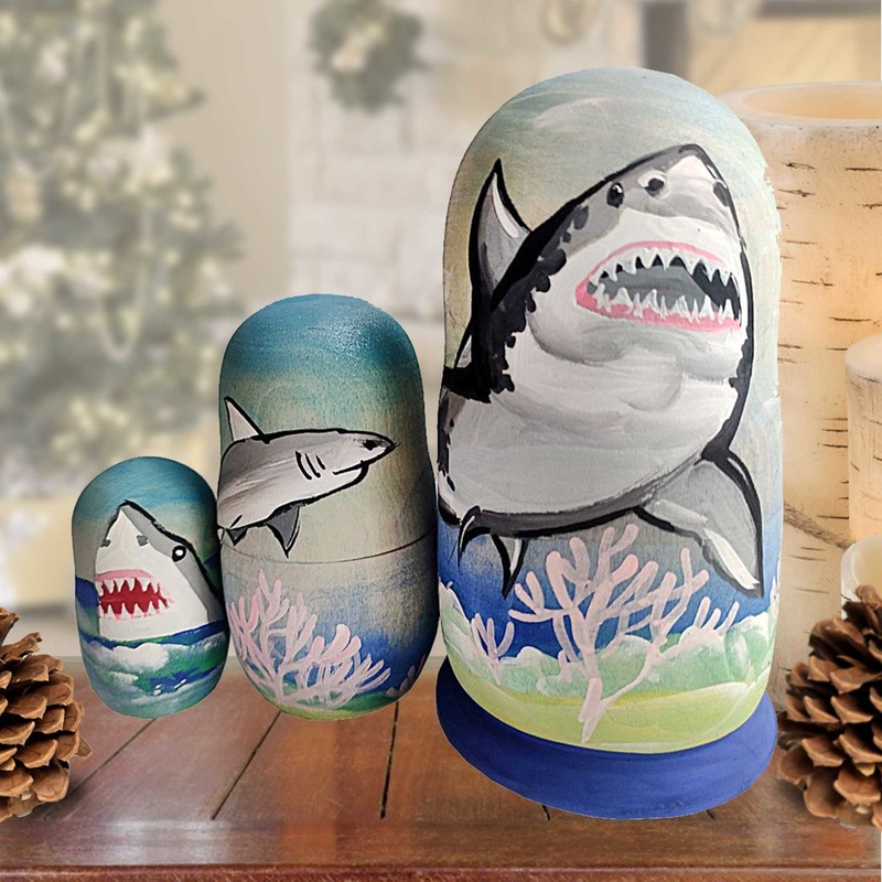 Shark Matreshka Nesting Hand-Painted Doll Set of 3 by G. DeBrekht – Coastal Holiday Decor – 14771