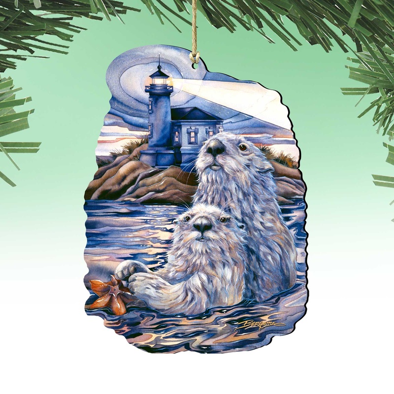 Starlight Otter Lighthouse Wooden Ornaments by J. Bergsma – Coastal Sea-Life Decor – 8591572-JB