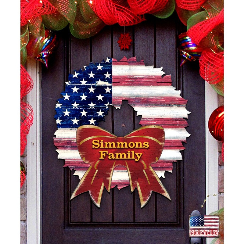 USA Flag Wreath Family Name Personalazed Holiday Door Decor by G. DeBrekht – American Christmas Decor – 8185302HP