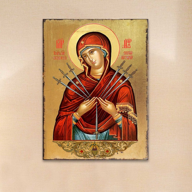 Virgin Mary of the Seven Swords Wooden Gold Plated Religious Christian Sacred Icon – Inspirational Icon Decor – 85037