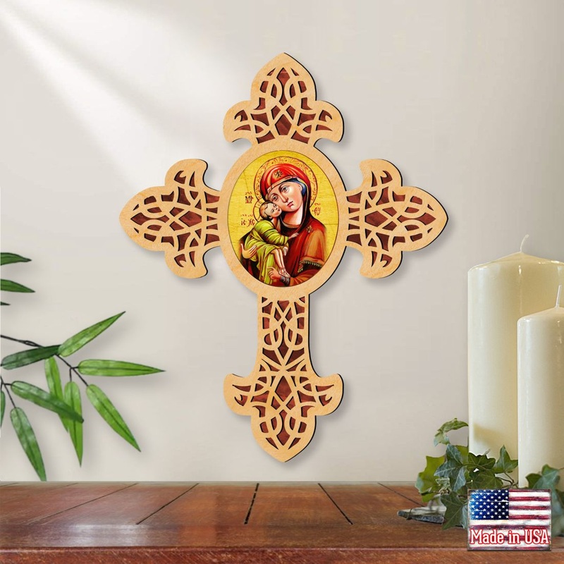 Vladimir Virgin Mary Pointy Wooden Cross by Museum Icons – Inspirational Icon Decor – 88311