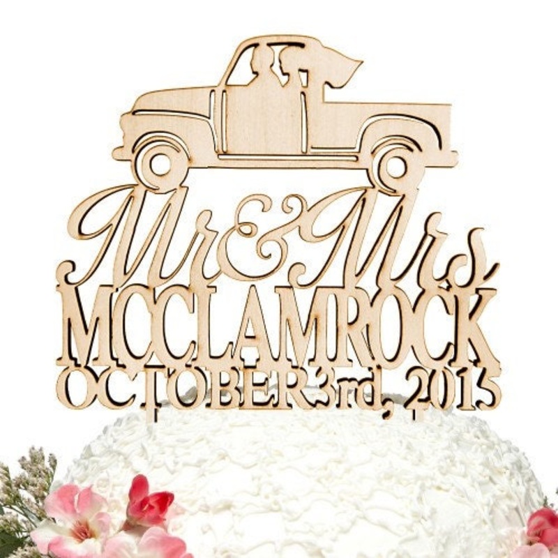 Wedding Cake Topper – Natural wood Custom Mr. and Mrs. in Vintage Pickup Truck Cake Topper with Date #94339