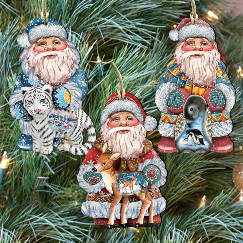 Wild Adventure Santa Wooden Ornaments Set of 3 by G. DeBrekht – Christmas Santa Snowman Decor – 8100009S3