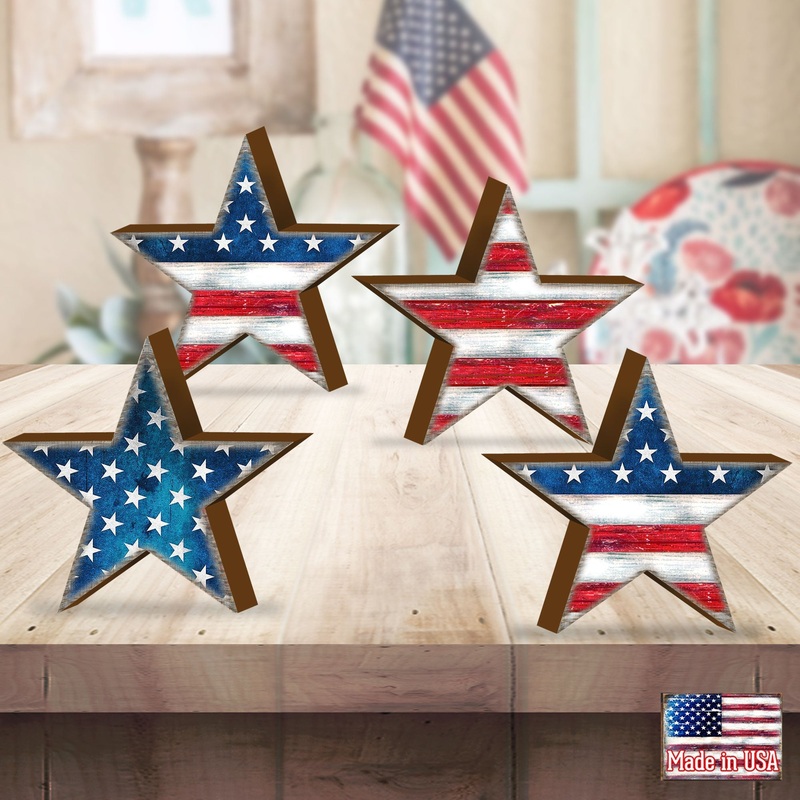 American Patriotic Star Shaped Set of 4 Wall Block – American Patriotic Decor – 8185302-2S-S4