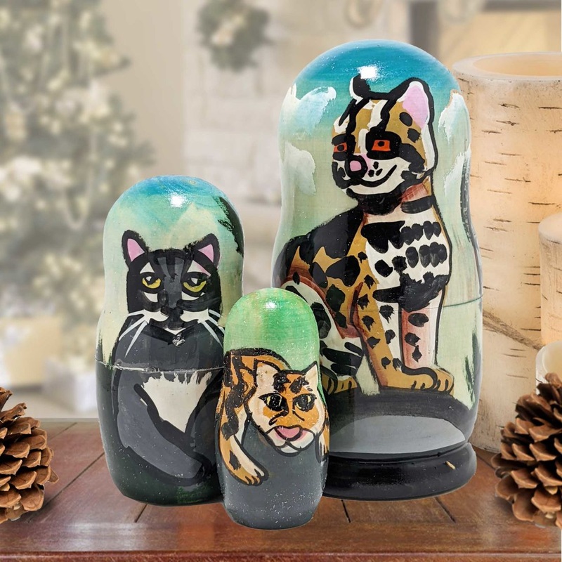 Cheetah Matreshka Nesting Hand-Painted Doll Set of 3 by G. DeBrekht – Wildlife Holiday Decor – 14763