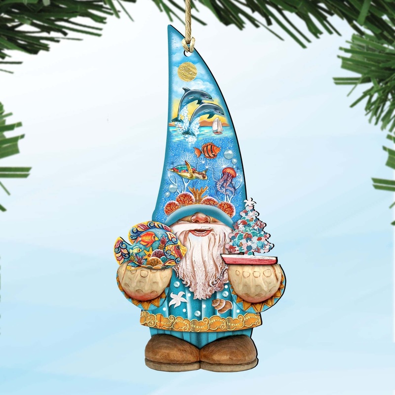 Coastal Gnome Dwarf Wooden Ornaments by G. DeBrekht – Coastal Holiday Decor – 8611014