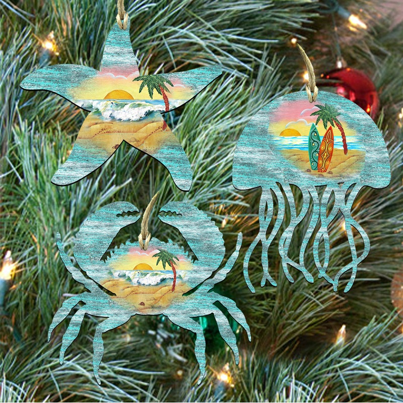 Coastal Wooden Ornaments-Starfish,Jellyfish,Crab-Set of 3 by G. DeBrekht – Coastal Holiday Dcor – 8100046S3