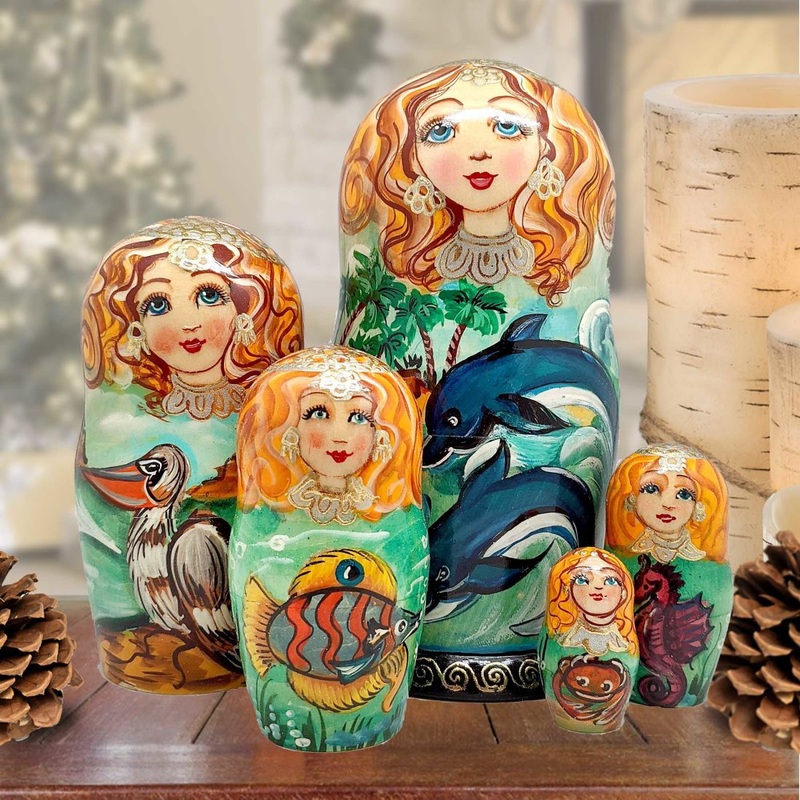 Dolphins Family Matreshka Nesting Hand-Painted Doll Set of 5 by G. DeBrekht – Coastal Holiday Decor – 140813