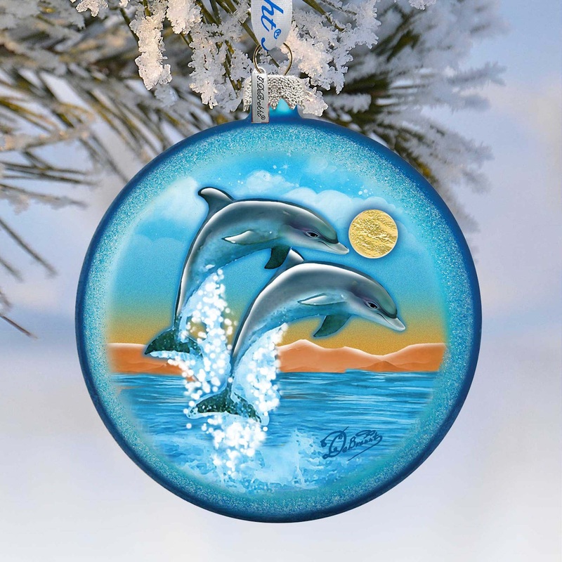Dolphins Fly Glass Ornament by G. DeBrekht – Coastal Holiday Decor – 744-023