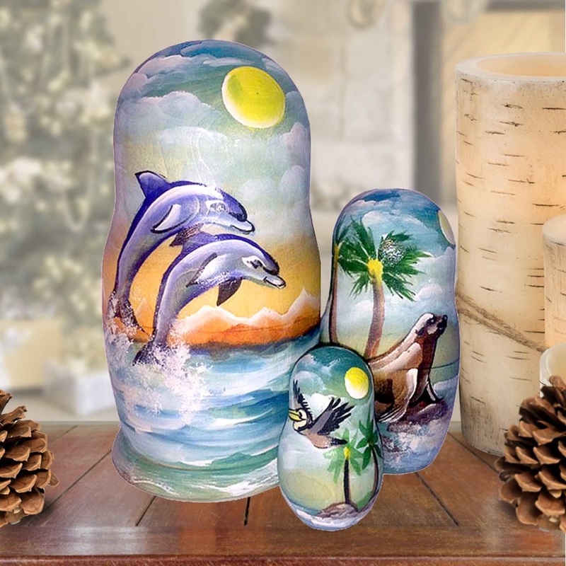 Dolphins Seal & Pelican Matreshka Nesting Hand-Painted Doll Set of 3 by G. DeBrekht – Coastal Holiday Decor – 14741