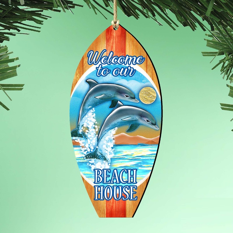 Dolphins Surfboard Wooden Ornaments by G. DeBrekht – Coastal Holiday Decor – 8114070