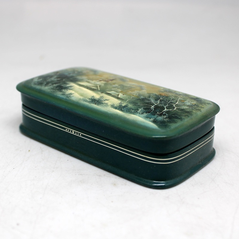 Handpainted Forest Village One-of-a-Kind Fedoskino Papier Mache Lacquered Box 4 x 2.25, Unique Hand Carved Gift