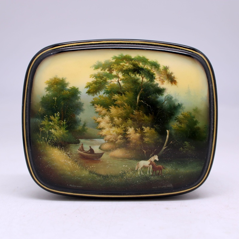 Handpainted Through the River with Pony One-of-a-Kind Fedoskino Papier Mache Lacquered Box 5 x 4, Unique Hand Carved Gift