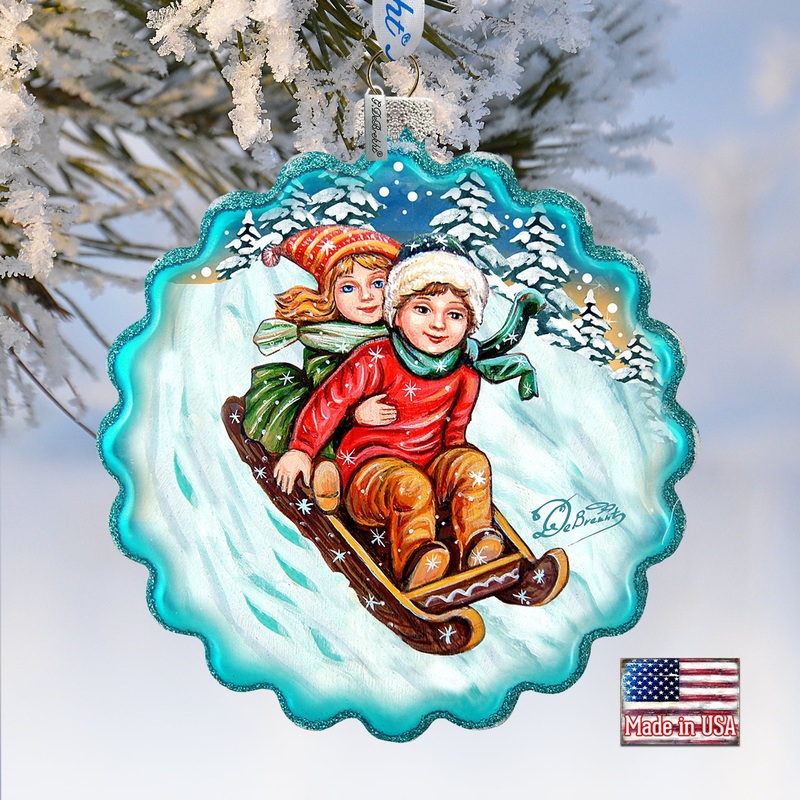 Kids Happy Sledging Wreath Glass Ornament by G. DeBrekht – Christmas Decor – 759-045