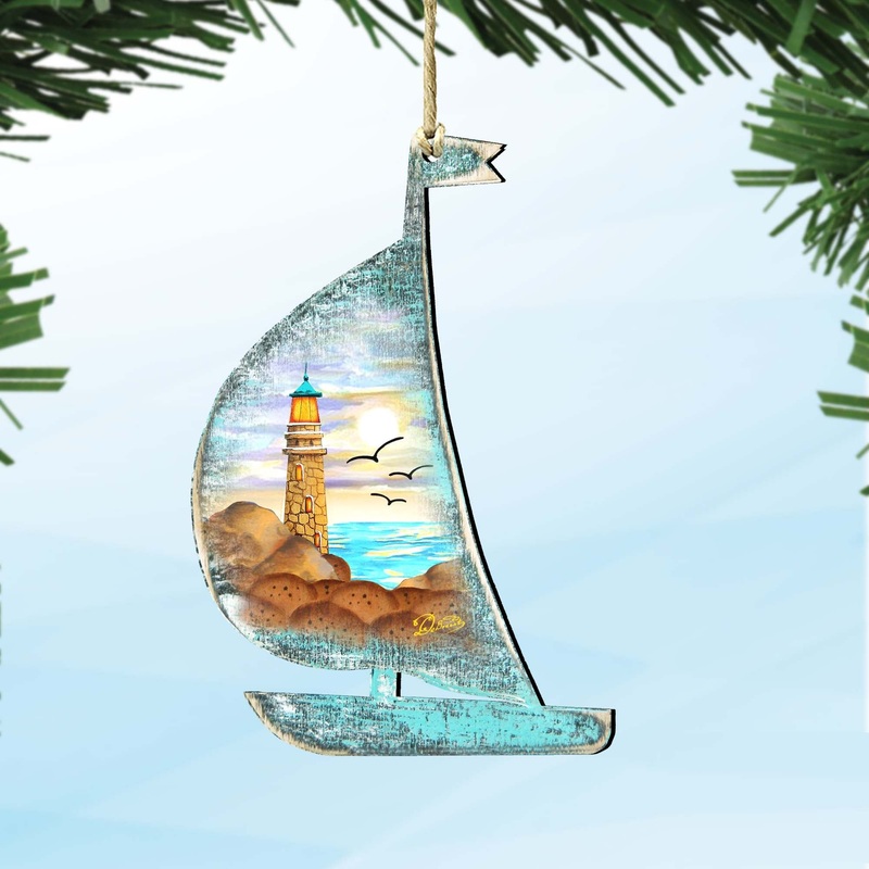 Lighthouse Boat Wooden Ornaments by G. DeBrekht – Coastal Holiday Decor – 8198524