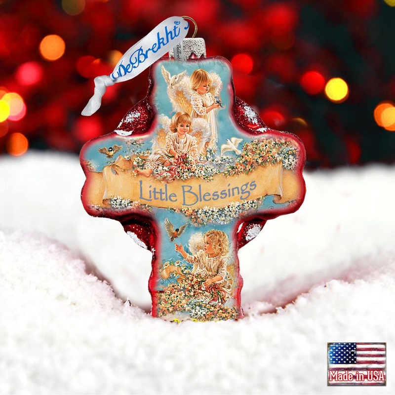 Little Blessings Icon Cross Glass Ornament by D. Gelsinger – Nativity Holiday Decor – 758-023-DG
