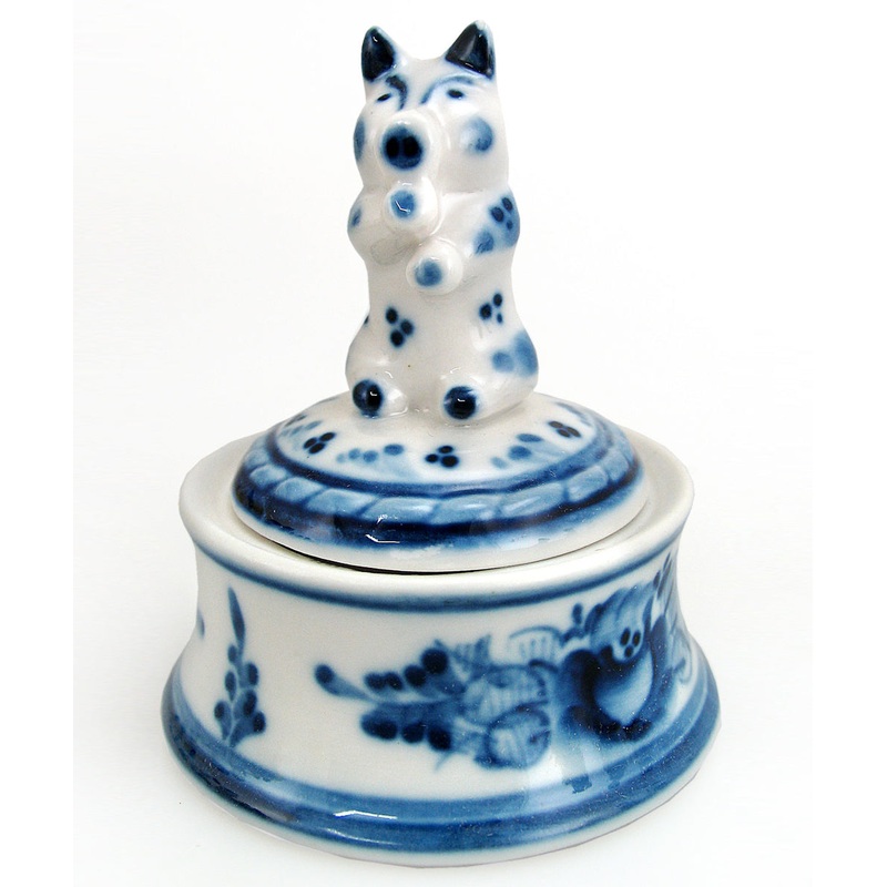 Little Blue Pig Harvest Gzhel Bowl Box with Lid Hand-Painted Fine Porcelain by , Unique Hand Carved Gift