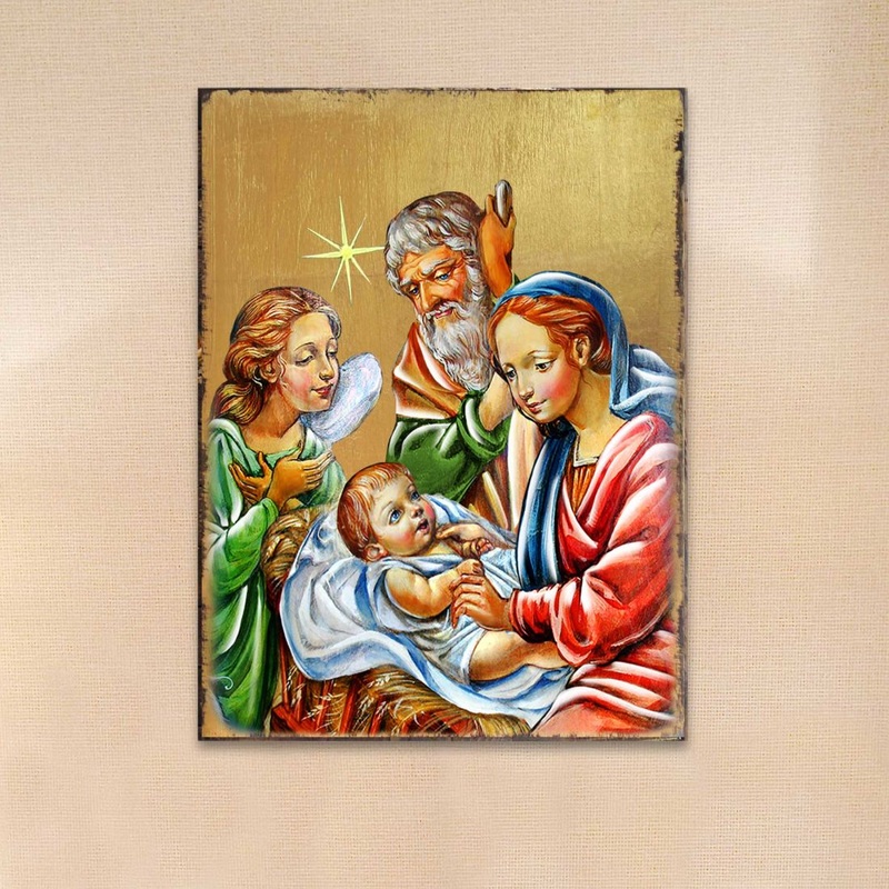 Nativity with Angel Wooden Gold Plated Religious Christian Sacred Icon – Inspirational Icon Decor – 85049