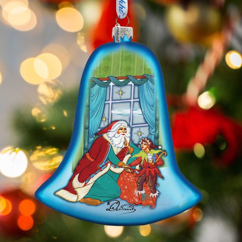 Night Before Christmas Bell Glass Ornament by G. DeBrekht – Christmas Santa Snowman Decor – 752-010