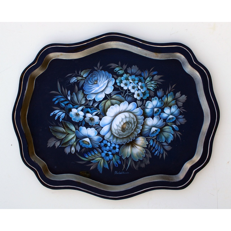 One-of-a-Kind Authentic Zhostovo Metal Tray Hand-Painted by Tatiana Sholokhova 18 x 15 Functional Kitchenware Table and Unique Wall Decor