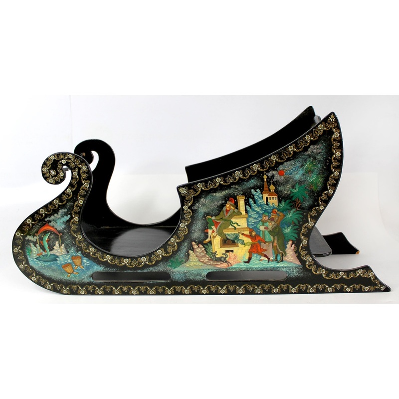 One-of-a-Kind Emilya and the Magic Pike Sleigh Palekh Lacquered Miniature Handpainted Decor by G. DeBrekht Unique Handmade Gift Collectible and Home Decoration