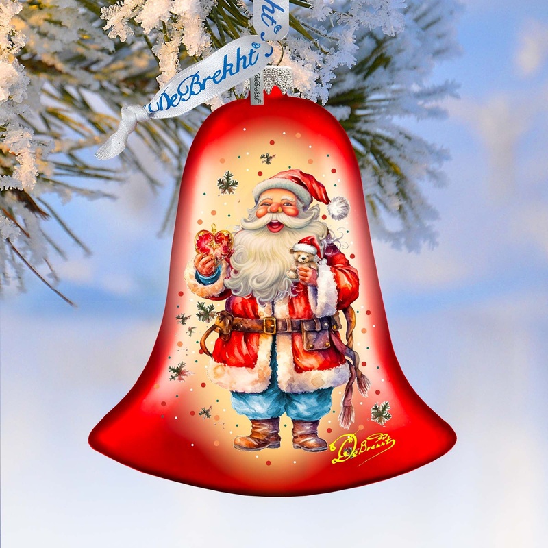 Santa Claus Spreading Christmas Happiness Bell Glass Ornament by G. Debrekht – Christmas Santa Snowman Decor – 752-042