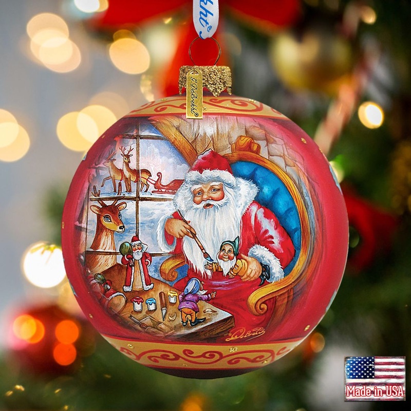 Santa Workshop Ball Glass Ornament by G. DeBrekht – Christmas Santa Snowman Decor – 73611
