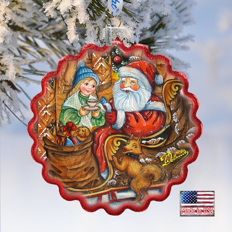 Santas Arrival Wreath Glass Ornament by G. DeBrekht – Christmas Santa Snowman Decor – 759-039
