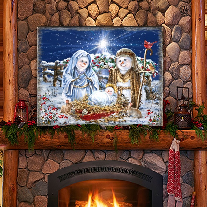 Snow Family Nativity Art Wooden Wall Art by D. Gelsinger – Christmas Santa Snowman Decor – 95675B-DG