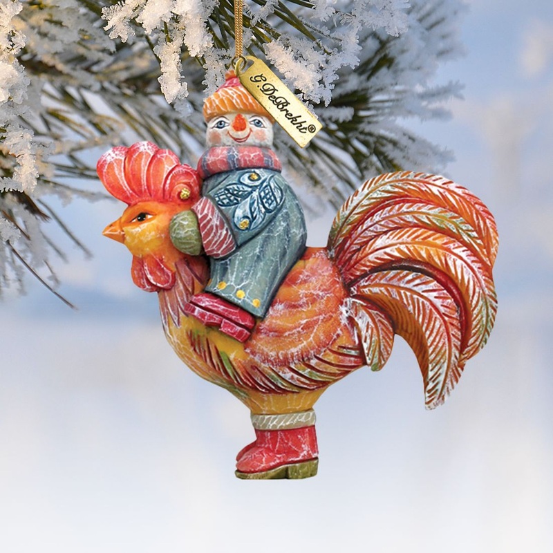 Snowman Riding Rooster Sculpted Hand-Painted Christmas Ornament by G. DeBrekht – Christmas Santa Snowman Decor – 63134