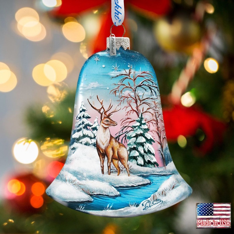 Winter Deer Bell Glass Ornament by G. DeBrekht – Wildlife Holiday Decor – 73183