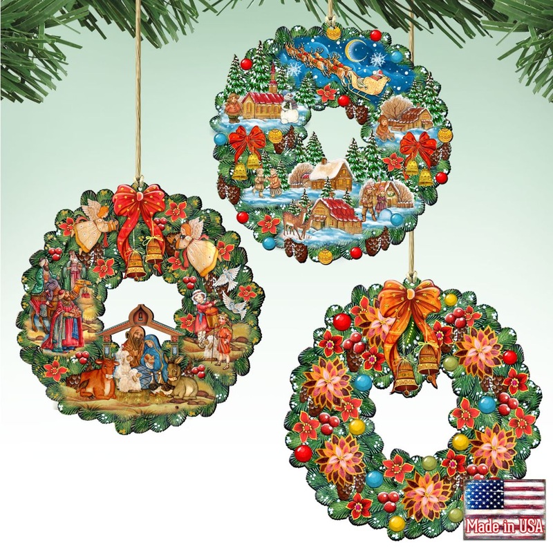 Wreaths Keepsake Wooden Ornaments Set of 3 by G. DeBrekht – Christmas Decor – 8100111S3