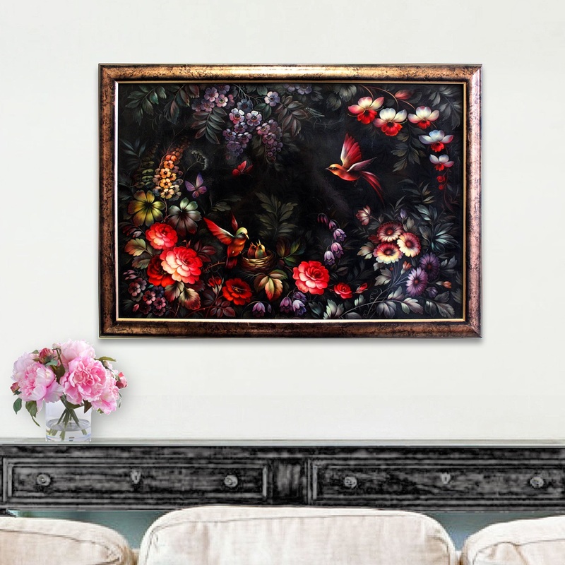 Authentic One-of-a-Kind Zhostovo Floral Birds Framed Art Hand-Painted by T Sholokhova Unique Wall Decor