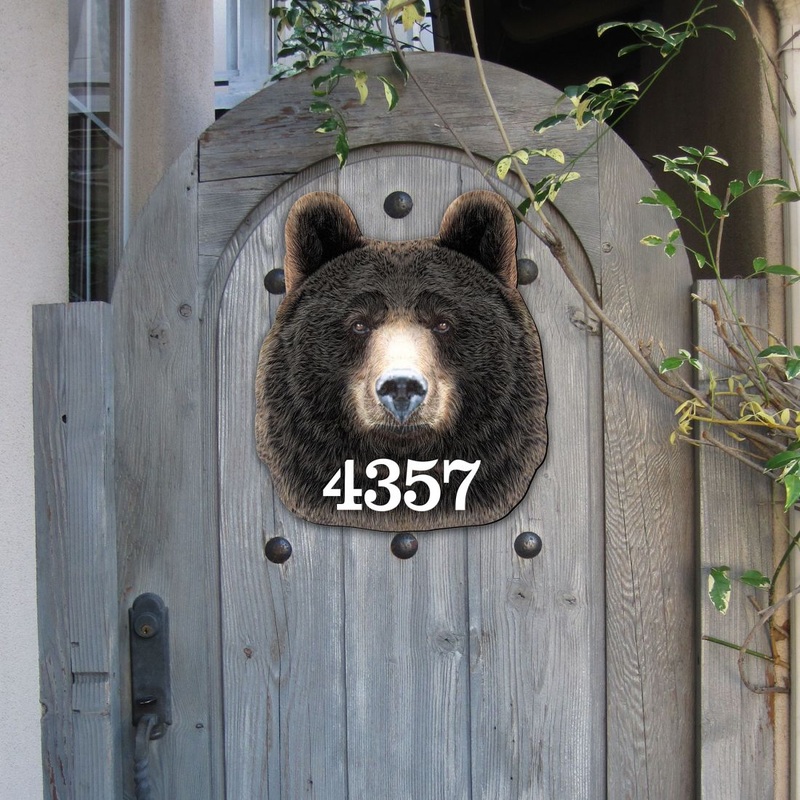Bear Log Cabin Wooden Personalized House Number Sign by G. Debrekht – Nature Wildlife Decor – Handcrafted Wooden Address Sign – MA982145