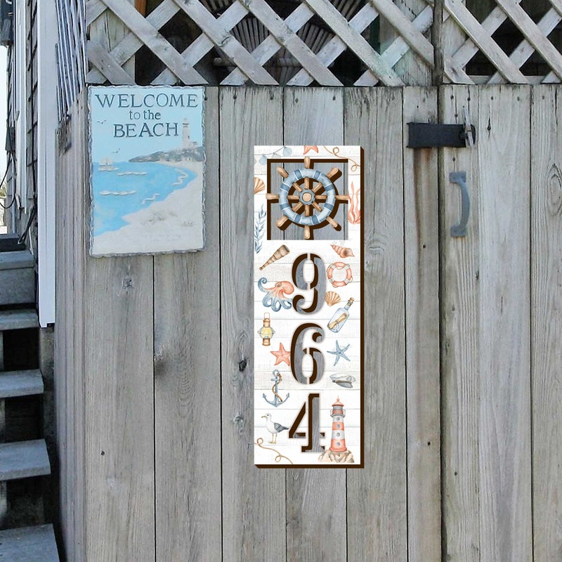 Coastal Door Numbers Sign – Captain Wheel Wooden House Number – Custom Home Address Sign – MA989815