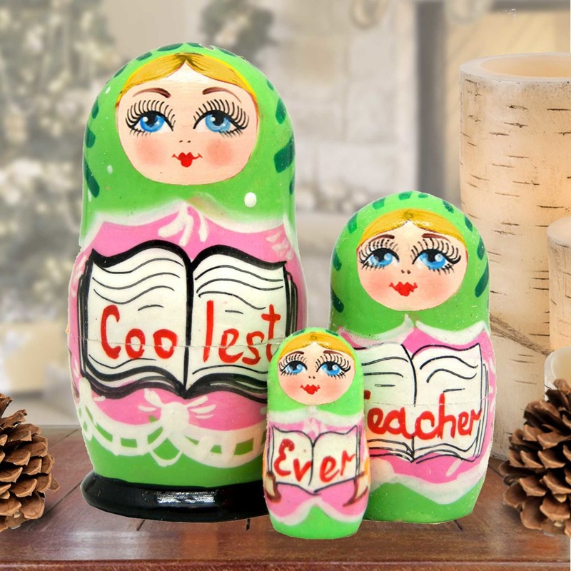 Coolest Teacher Matreshka Nesting Hand-Painted Doll Set of 3 by G. DeBrekht – Love Family Kids Decor – 14713