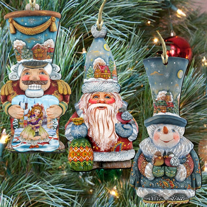 Elegant Holidays Wooden Ornaments Set of 3 by G. DeBrekht – Christmas Santa Snowman Decor – 8100002S3