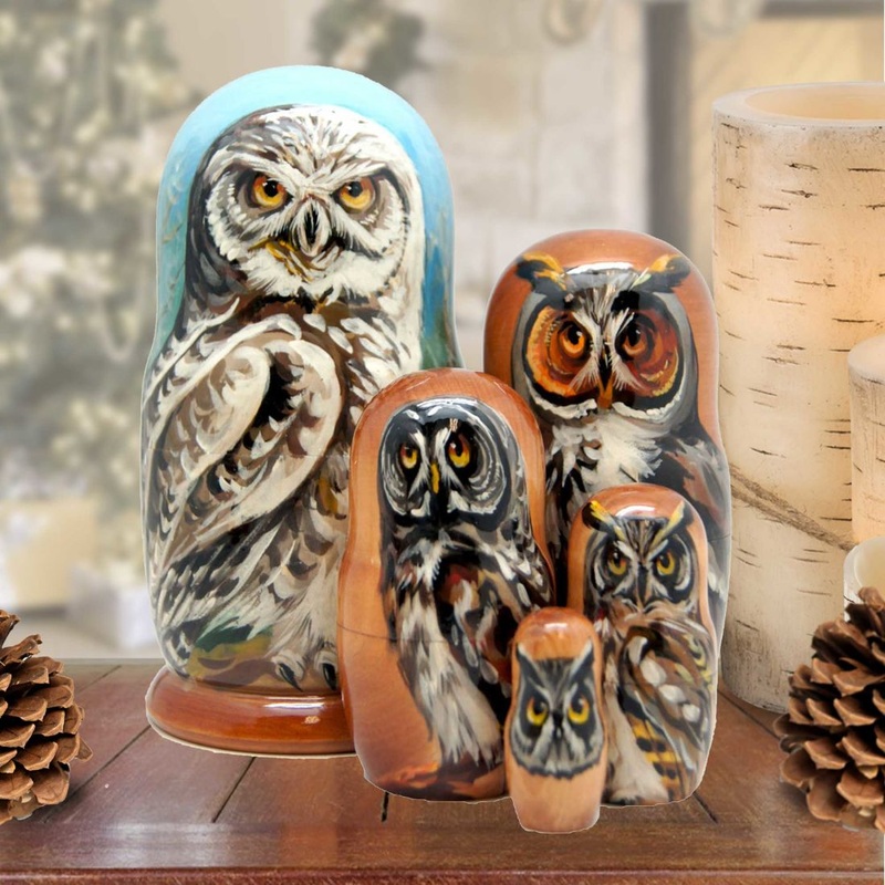Forest Owls Wisdom Matreshka Nesting Hand-Painted Doll Set of 3 by G. DeBrekht – Wildlife Holiday Decor – 150011