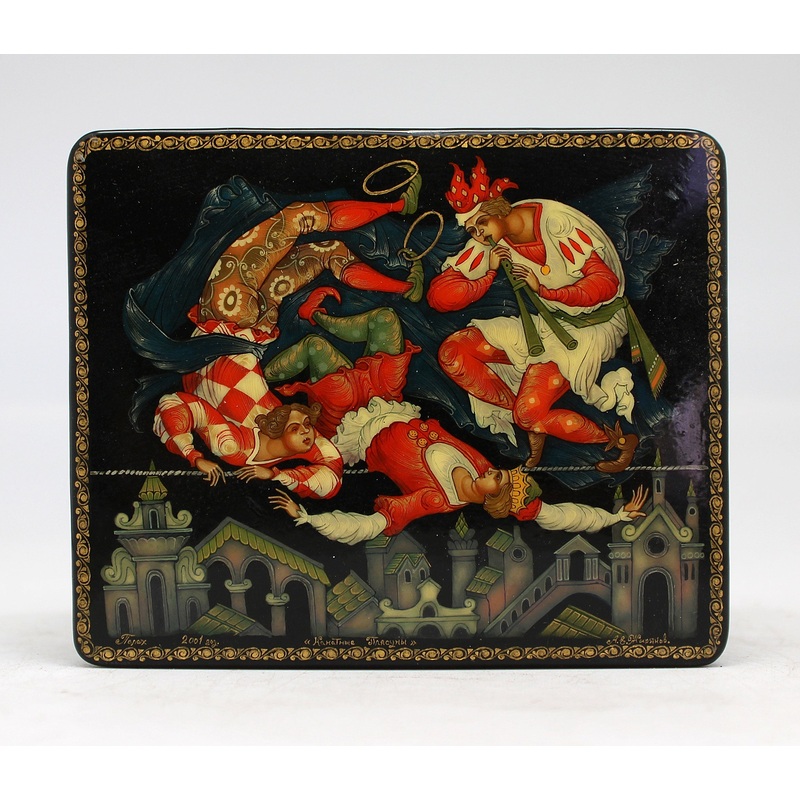 Handpainted One-of-a-Kind Papier Mache Palekh Lacquered Box 3.5 x 3 x 1.5, Unique Hand Carved Gift