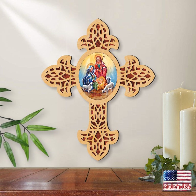 Holy Family Pointy Wooden Cross by Museum Icons – Inspirational Icon Decor – 88350