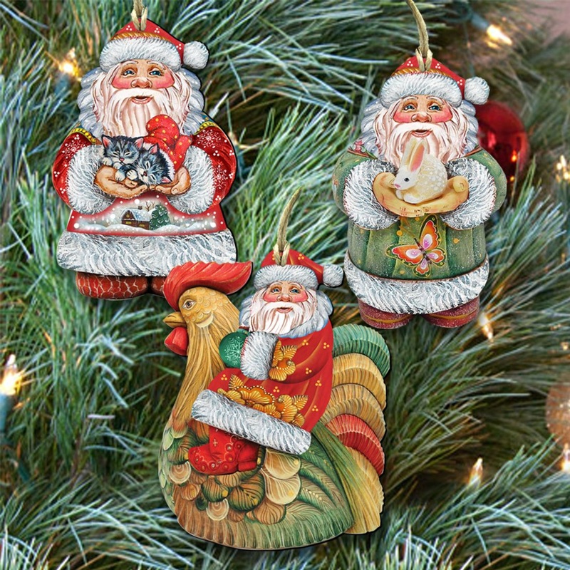 Home Christmas Santa Wooden Ornaments Set of 3 by G. DeBrekht – Christmas Santa Snowman Decor – 8100008S3