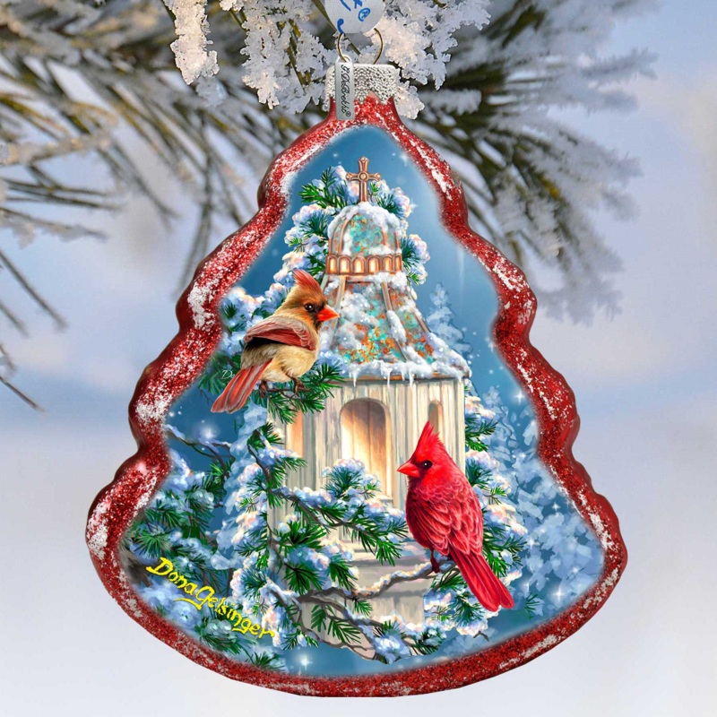 Little Cardinal Chapel Tree Glass Ornament by D. Gelsinger – Nativity Holiday Decor – 762-046-DG