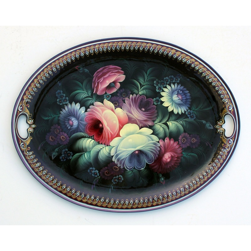 One-of-a-Kind Authentic Zhostovo Hand-Painted Metal Tray by Olga Koshkina 19×15 – Functional Kitchenware Table and Unique Wall Decor