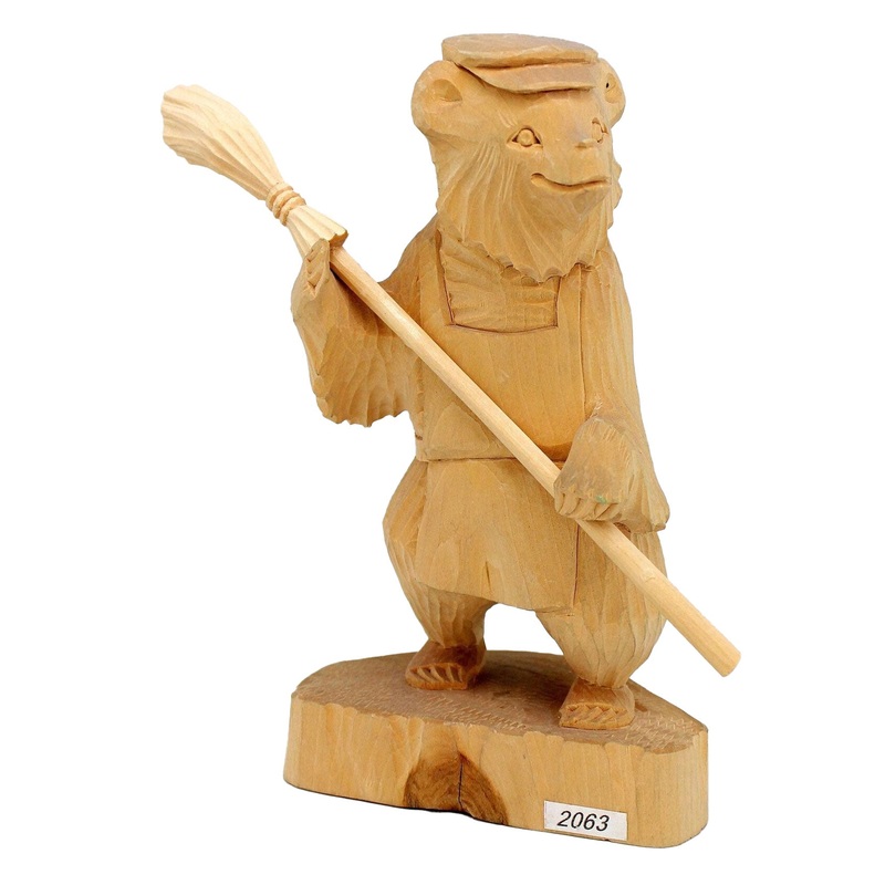 One-of-a-Kind Bear with a Broom Wood Carved Figurine 6.5 – Nature Wood Carving
