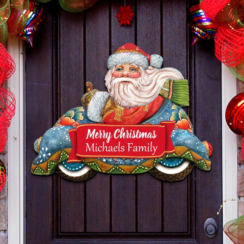 Race Car Santa Merry Christmas Door Decor by G. DeBrekht – Christmas Santa Snowman Decor – 8112045-1H