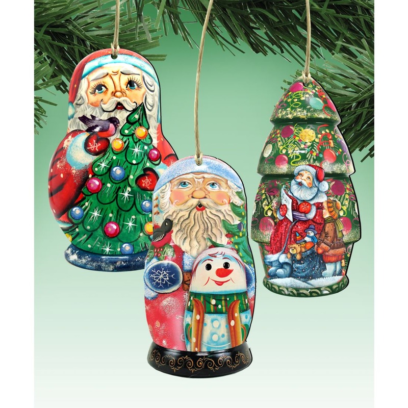 Santa Doll Wooden Ornaments Set of 3 by G. DeBrekht – Christmas Santa Snowman Decor – 8100104S3