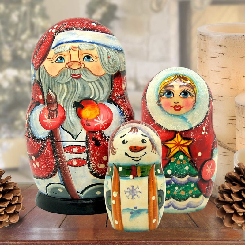 Santa Family Matreshka Nesting Hand-Painted Doll Set of 3 by G. DeBrekht – Christmas Santa Snowman Decor – 110572