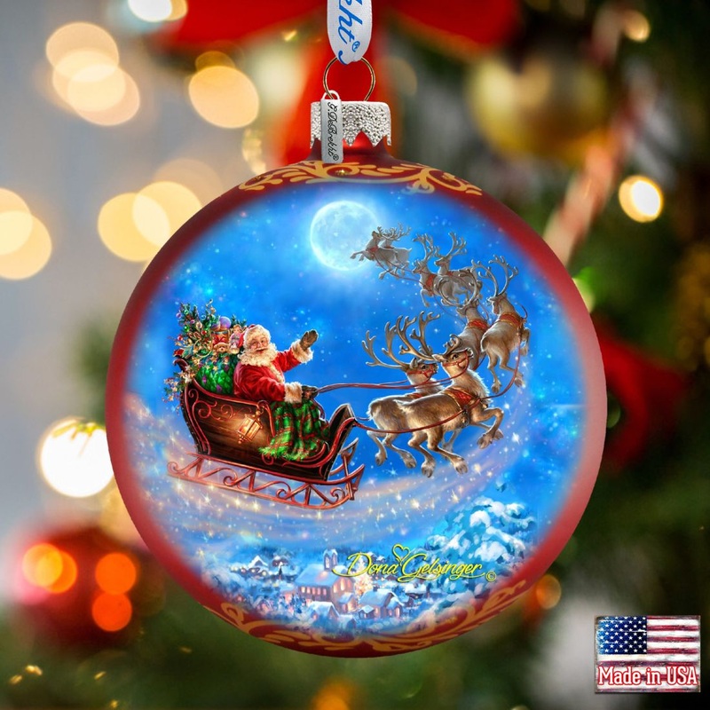 Santa Magical Flight Glass Ornament by D. Gelsinger – Christmas Santa Snowman Decor – 71116-1314
