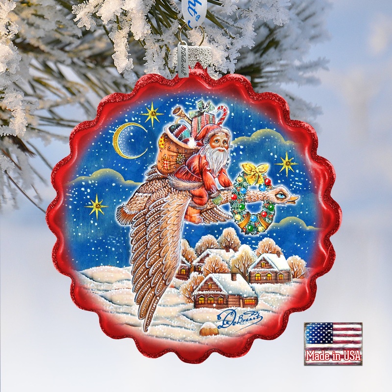Santa on Goose Wreath Glass Ornament by G. DeBrekht – Christmas Santa Snowman Decor – 759-036