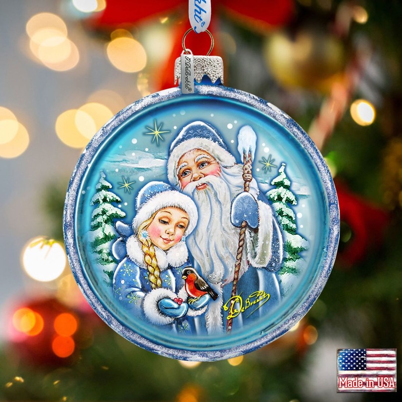 Santa With a Girl Cut Ball Glass Ornament by G. DeBrekht – Christmas Santa Snowman Decor – 764-107